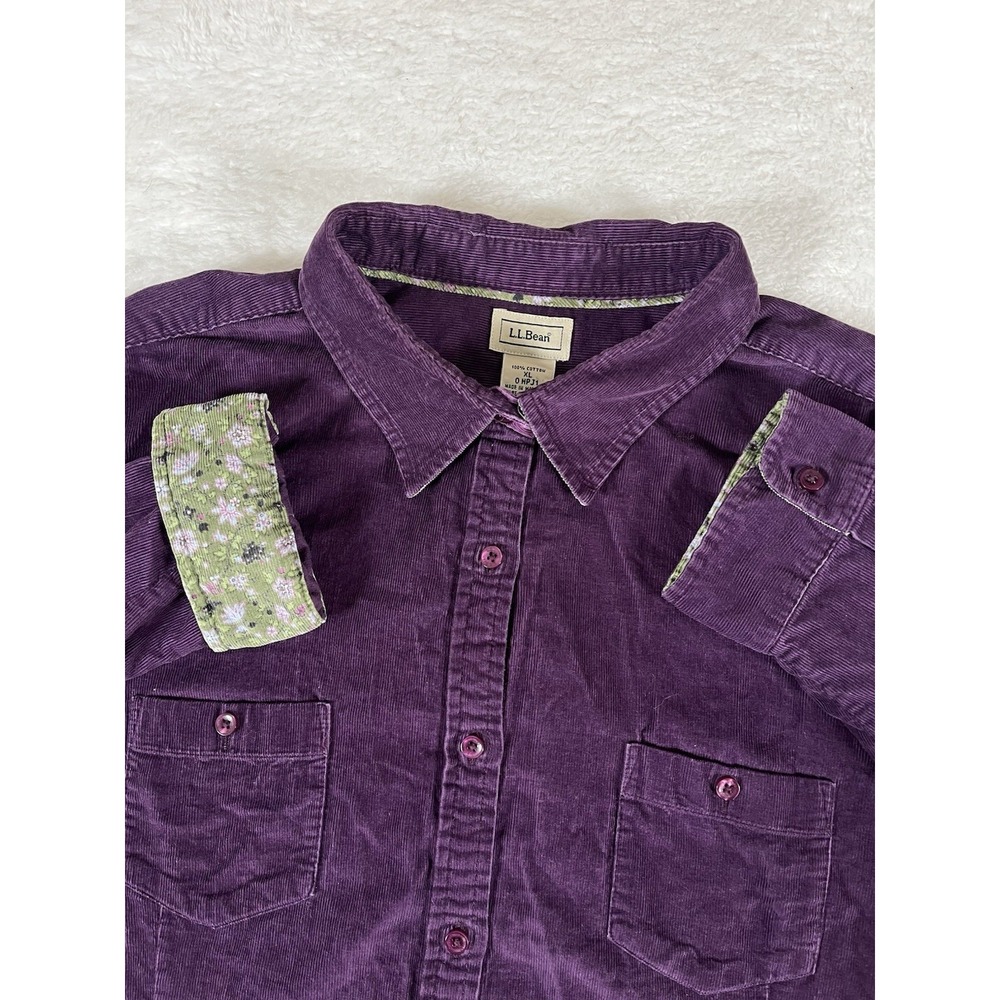 L.L. Bean Purple Corduroy Flip Cuff Long Sleeve‎ Btn Up Shirt Women's XL Pockets